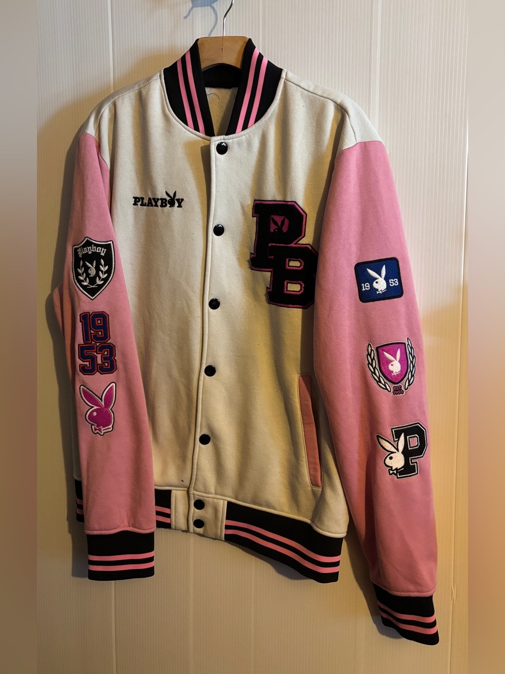 PLAYBOY Cream & Pink Letterman Jacket with Black Trim - Picture 1 of 6